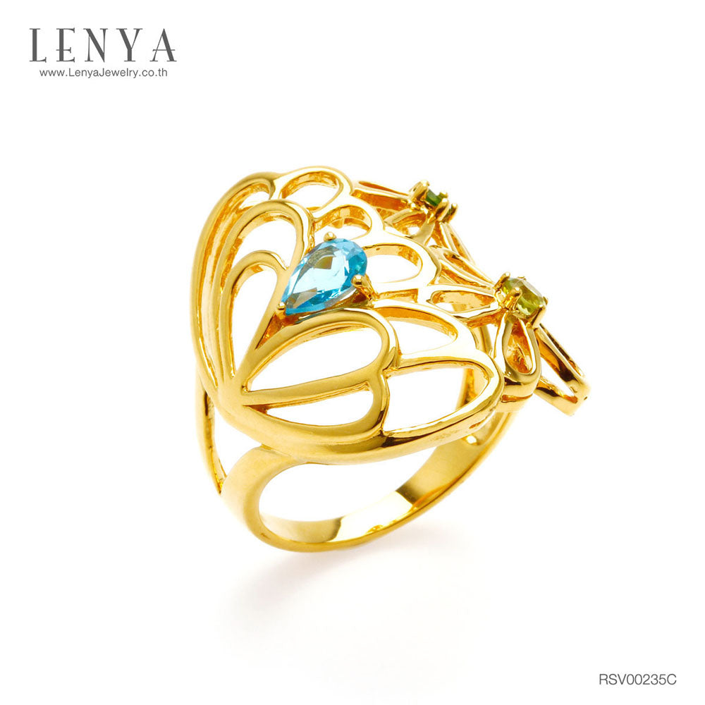 LENYA แหวนดอกไม้ ประดับบลูโทแพซ เพอริดอทและโครมไดออปไซด์ ตัวเรือนเงินแท้ ชุบทอง 18K หวานสดใส เหมือนดอกไม้ยามเช้า