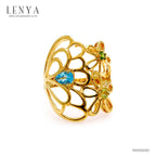 LENYA แหวนดอกไม้ ประดับบลูโทแพซ เพอริดอทและโครมไดออปไซด์ ตัวเรือนเงินแท้ ชุบทอง 18K หวานสดใส เหมือนดอกไม้ยามเช้า