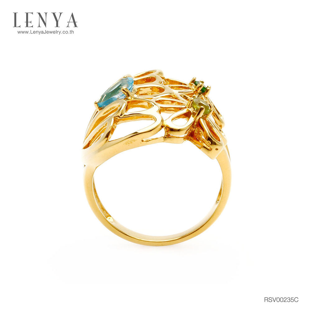 LENYA แหวนดอกไม้ ประดับบลูโทแพซ เพอริดอทและโครมไดออปไซด์ ตัวเรือนเงินแท้ ชุบทอง 18K หวานสดใส เหมือนดอกไม้ยามเช้า
