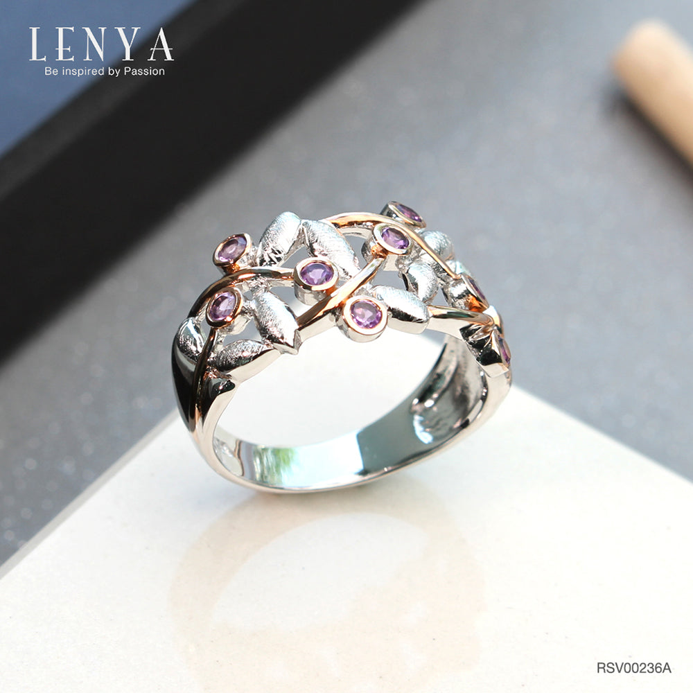 LENYA แหวนอะเมทิสต์ ลายแมลงปอ ตัวเรือนเงินแท้ ชุบทองคำขาวและทองชมพู 18K เก๋ไม่ซ้ำใคร ดีไซน์เฉพาะที่เลนญ่า