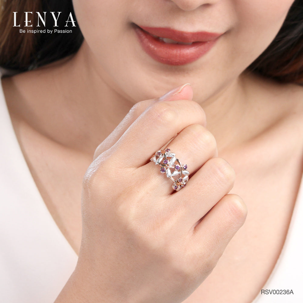 LENYA แหวนอะเมทิสต์ ลายแมลงปอ ตัวเรือนเงินแท้ ชุบทองคำขาวและทองชมพู 18K เก๋ไม่ซ้ำใคร ดีไซน์เฉพาะที่เลนญ่า