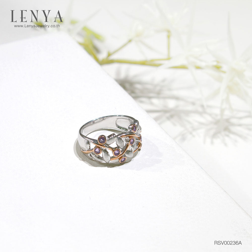 LENYA แหวนอะเมทิสต์ ลายแมลงปอ ตัวเรือนเงินแท้ ชุบทองคำขาวและทองชมพู 18K เก๋ไม่ซ้ำใคร ดีไซน์เฉพาะที่เลนญ่า