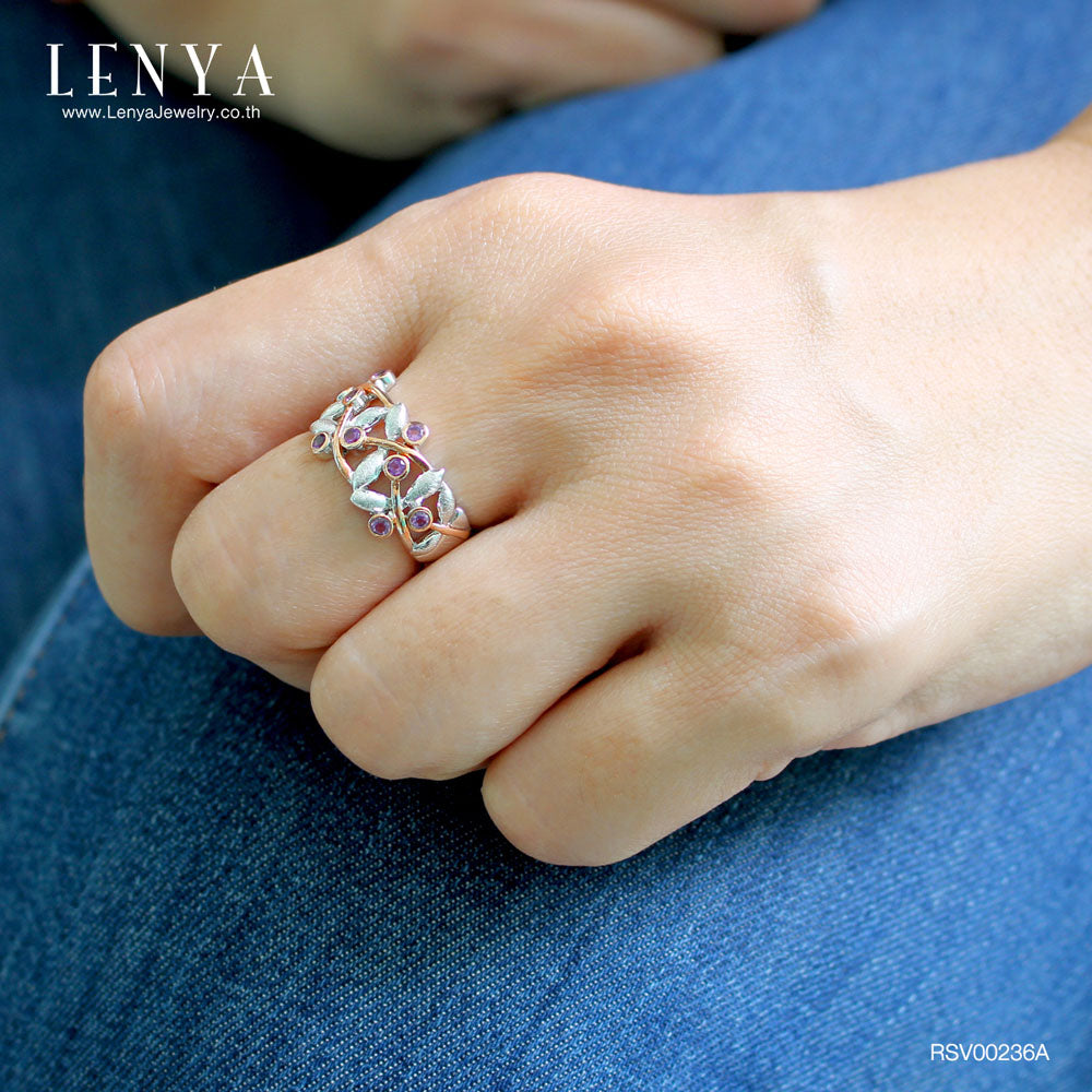 LENYA แหวนอะเมทิสต์ ลายแมลงปอ ตัวเรือนเงินแท้ ชุบทองคำขาวและทองชมพู 18K เก๋ไม่ซ้ำใคร ดีไซน์เฉพาะที่เลนญ่า