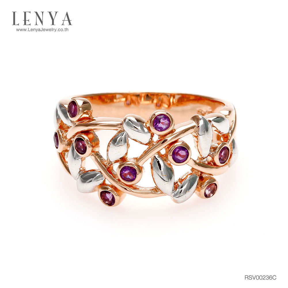 LENYA แหวน ประดับพลอยอะเมทิสต์ (Amethyst) โดดเด่นด้วยเทคนิคพิเศษ ด้วยการชุบทองคำขาวที่ใบไม้ บนตัวเรือนเงินแท้ชุบสีพิ้งค์โกลด์ (Pink Gold)