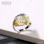 LENYA แหวน  ดีไซน์ทรงใบไม้ 2 ใบประดับพลอย ซาโวไรท์ (Tsavorite) และสโมคกี้ควอทซ์ (Smoky Quartz) ตัวเรือนเงินแท้ชุบสีแบบทูโทน ชุบทองคำขาว และทองคำแท้
