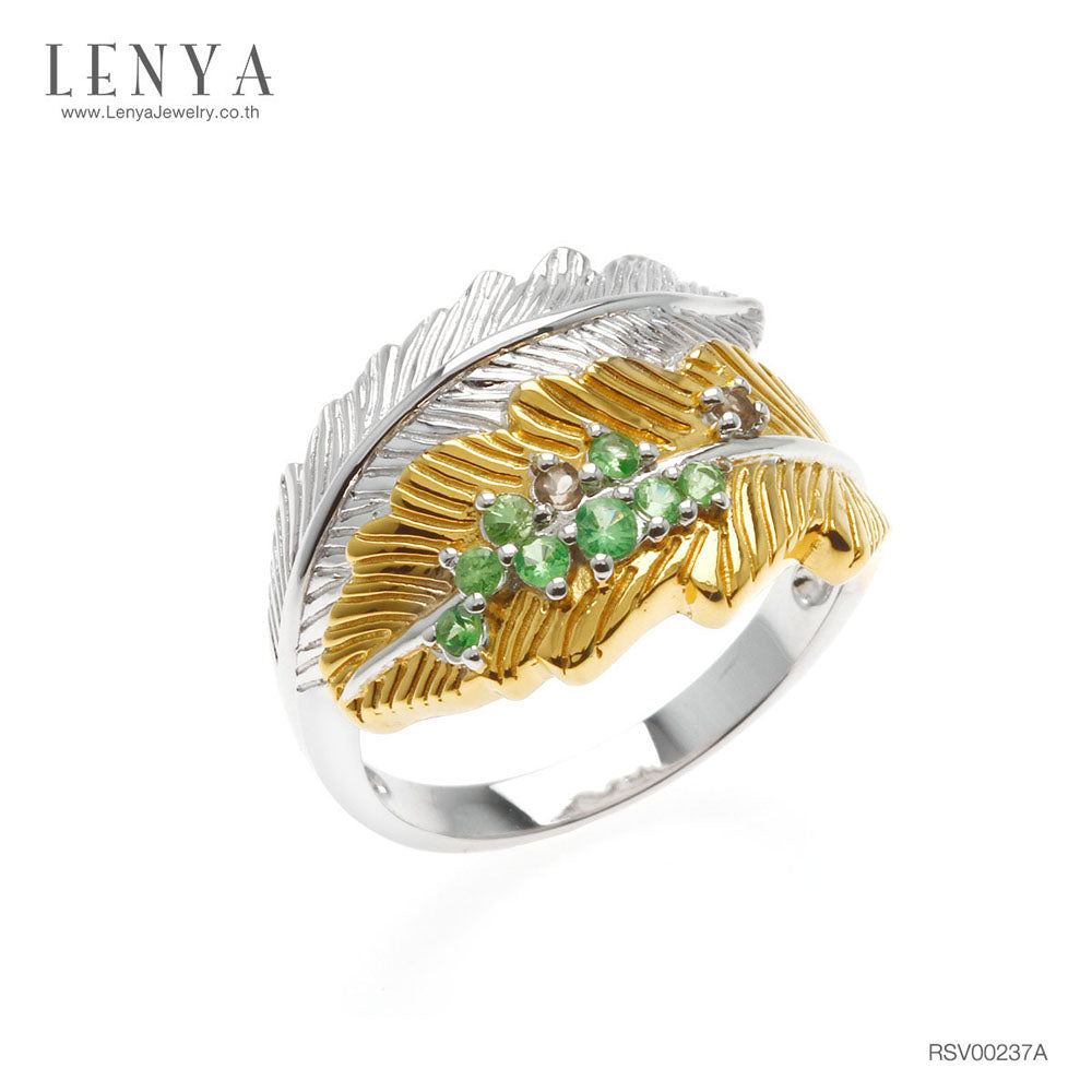 LENYA แหวน  ดีไซน์ทรงใบไม้ 2 ใบประดับพลอย ซาโวไรท์ (Tsavorite) และสโมคกี้ควอทซ์ (Smoky Quartz) ตัวเรือนเงินแท้ชุบสีแบบทูโทน ชุบทองคำขาว และทองคำแท้