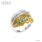 LENYA แหวน  ดีไซน์ทรงใบไม้ 2 ใบประดับพลอย ซาโวไรท์ (Tsavorite) และสโมคกี้ควอทซ์ (Smoky Quartz) ตัวเรือนเงินแท้ชุบสีแบบทูโทน ชุบทองคำขาว และทองคำแท้