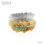 LENYA แหวน  ดีไซน์ทรงใบไม้ 2 ใบประดับพลอย ซาโวไรท์ (Tsavorite) และสโมคกี้ควอทซ์ (Smoky Quartz) ตัวเรือนเงินแท้ชุบสีแบบทูโทน ชุบทองคำขาว และทองคำแท้