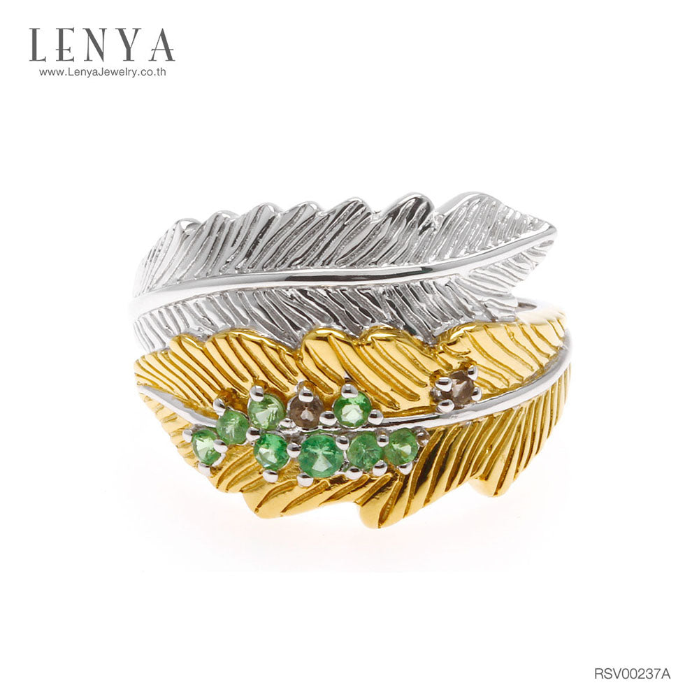 LENYA แหวน  ดีไซน์ทรงใบไม้ 2 ใบประดับพลอย ซาโวไรท์ (Tsavorite) และสโมคกี้ควอทซ์ (Smoky Quartz) ตัวเรือนเงินแท้ชุบสีแบบทูโทน ชุบทองคำขาว และทองคำแท้