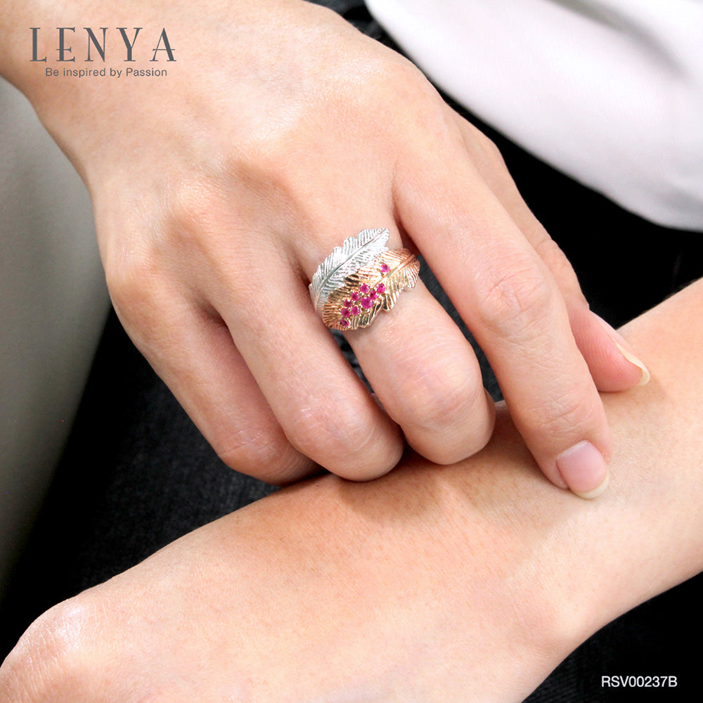 LENYA แหวนทับทิม ลายใบไม้ ตัวเรือนเงินแท้ ชุบทูโทนสีขาวโรเดียมและพิงค์โกลด์ คอลเล็คชั่นซัมเมอร์ เพื่อสาวๆวัยทำงาน