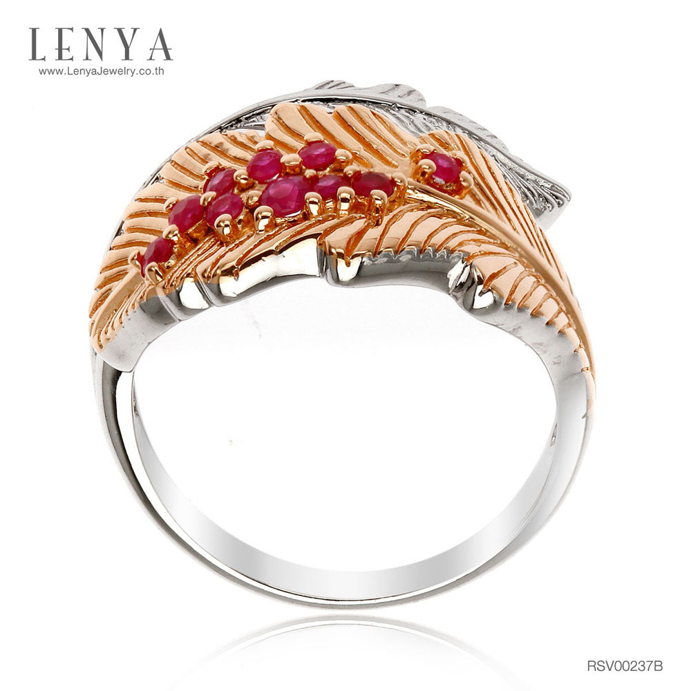 LENYA แหวนทับทิม ลายใบไม้ ตัวเรือนเงินแท้ ชุบทูโทนสีขาวโรเดียมและพิงค์โกลด์ คอลเล็คชั่นซัมเมอร์ เพื่อสาวๆวัยทำงาน