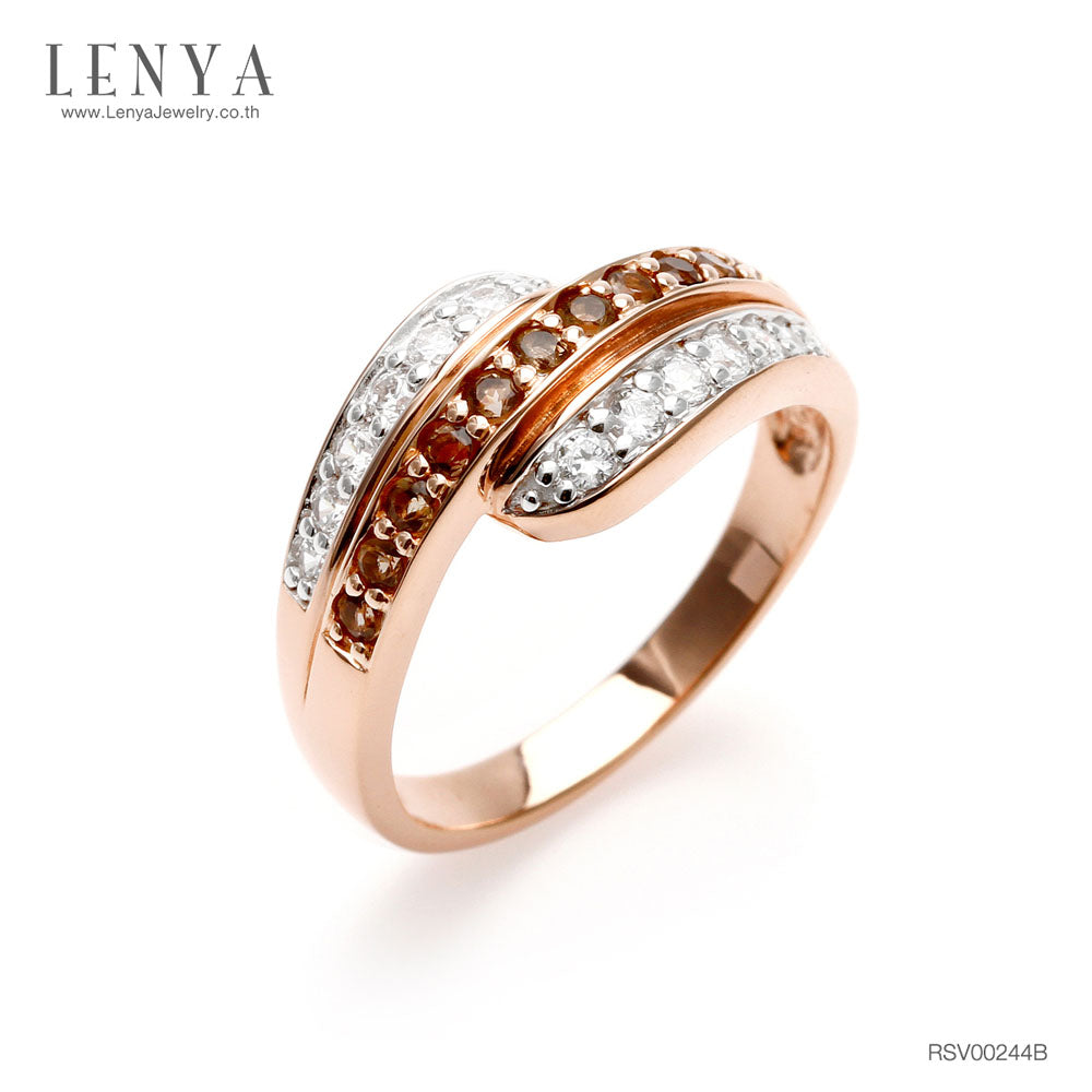 LENYA แหวน ประดับพลอยสโมคกี้ควอทซ์ (Smoky Quartz) และเพชรDiamondLike ตัวเรือนเงินแท้ชุบสีพิ้งค์โกลด์ (Pink Gold)