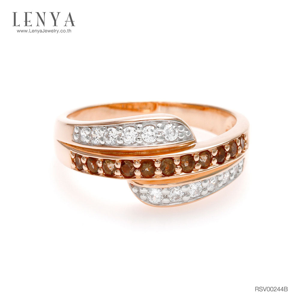 LENYA แหวน ประดับพลอยสโมคกี้ควอทซ์ (Smoky Quartz) และเพชรDiamondLike ตัวเรือนเงินแท้ชุบสีพิ้งค์โกลด์ (Pink Gold)
