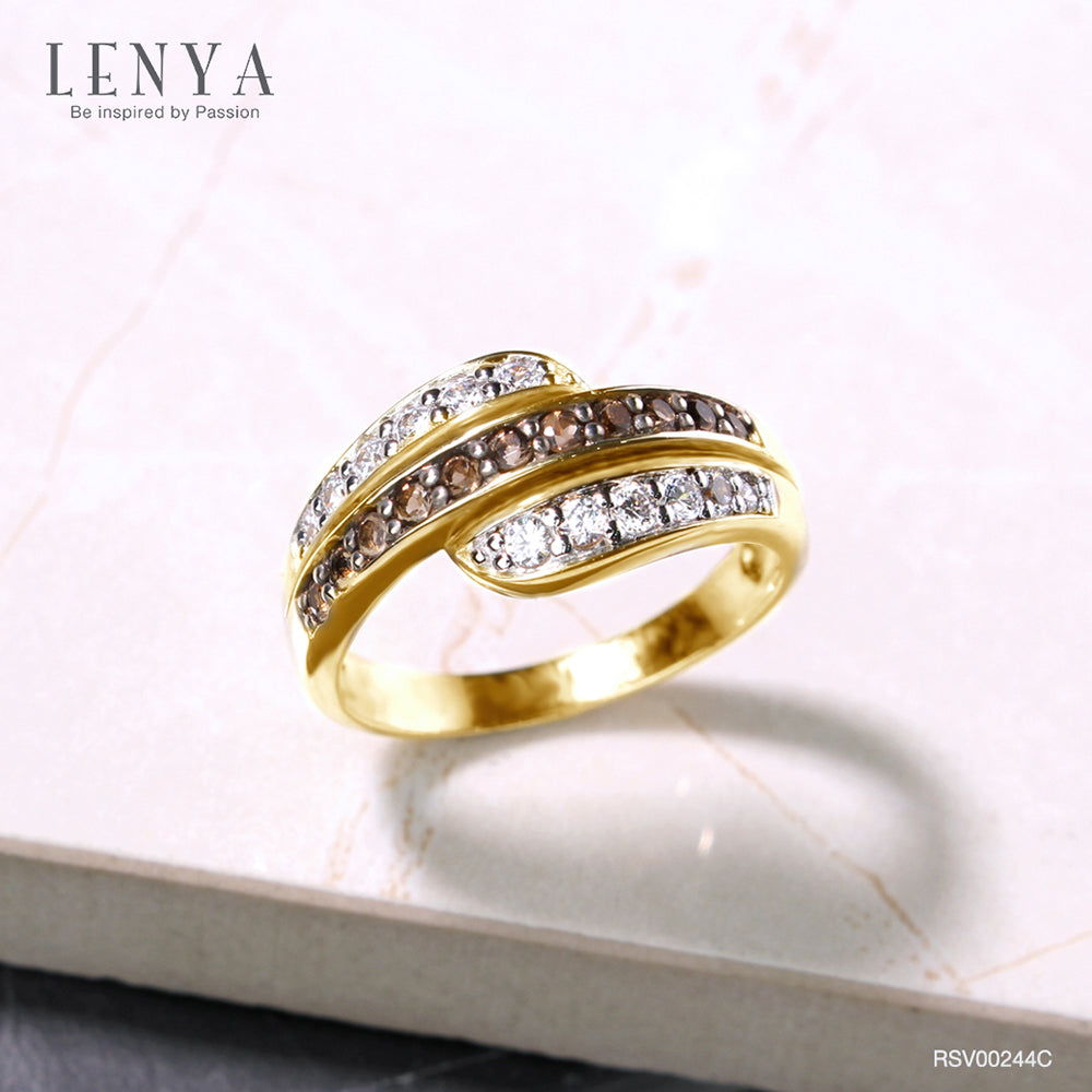 LENYA แหวน LENYA ประดับพลอยสโมคกี้ควอทซ์ (Smoky Quartz) และเพชรDiamondLike ตัวเรือนเงินแท้ชุบสีทอง 18K