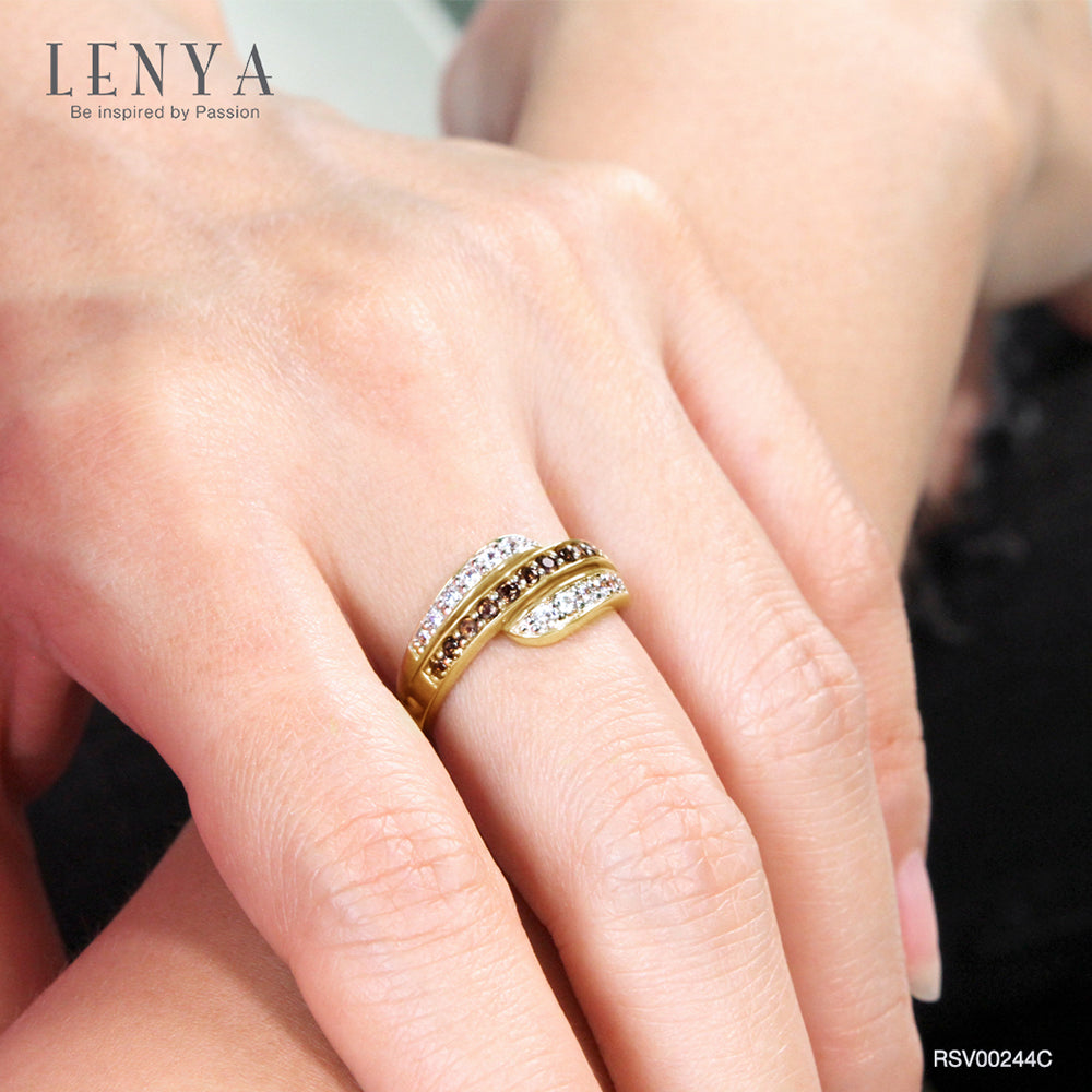 LENYA แหวน LENYA ประดับพลอยสโมคกี้ควอทซ์ (Smoky Quartz) และเพชรDiamondLike ตัวเรือนเงินแท้ชุบสีทอง 18K