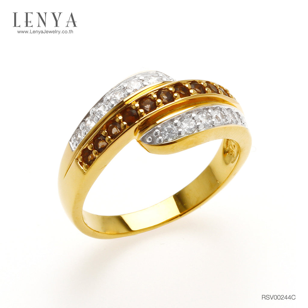 LENYA แหวน LENYA ประดับพลอยสโมคกี้ควอทซ์ (Smoky Quartz) และเพชรDiamondLike ตัวเรือนเงินแท้ชุบสีทอง 18K