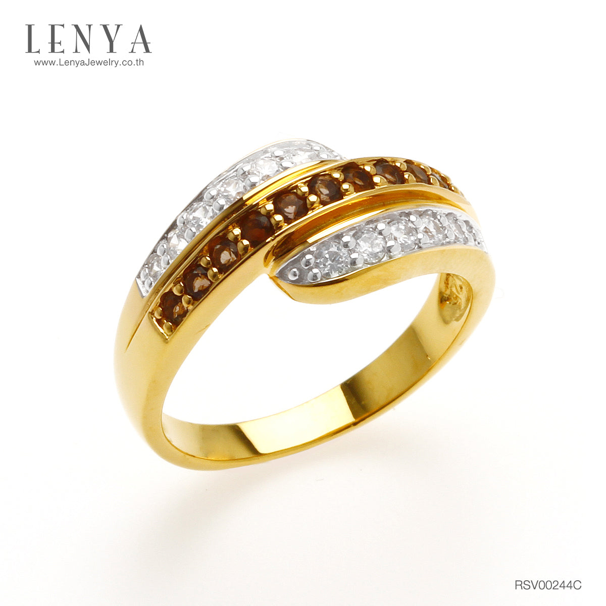 LENYA แหวน LENYA ประดับพลอยสโมคกี้ควอทซ์ (Smoky Quartz) และเพชรDiamondLike ตัวเรือนเงินแท้ชุบสีทอง 18K
