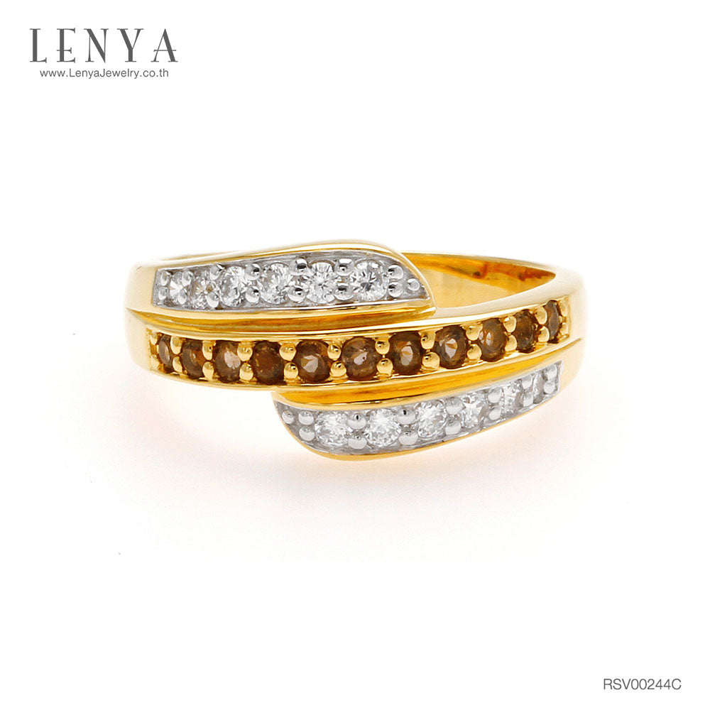 LENYA แหวน LENYA ประดับพลอยสโมคกี้ควอทซ์ (Smoky Quartz) และเพชรDiamondLike ตัวเรือนเงินแท้ชุบสีทอง 18K