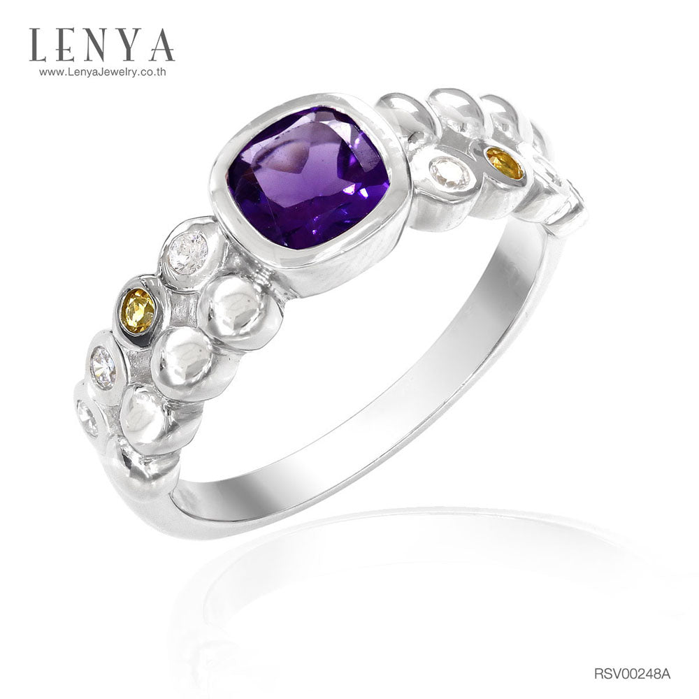 LENYA แหวนพลอยอเมทิสต์ เสริมความสงบใจ มีสติ มั่งคั่ง ขนาด 5 มิล ตัวเรือนเงินแท้925 ชุบทองคำขาว