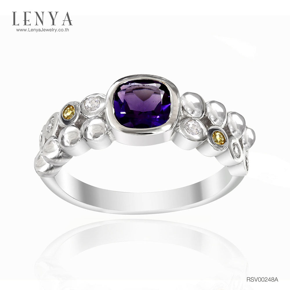 LENYA แหวนพลอยอเมทิสต์ เสริมความสงบใจ มีสติ มั่งคั่ง ขนาด 5 มิล ตัวเรือนเงินแท้925 ชุบทองคำขาว