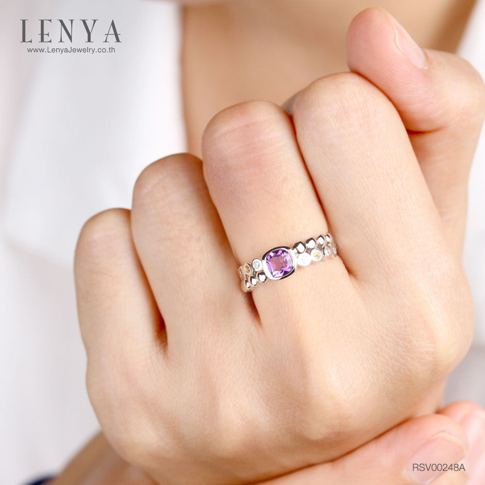LENYA แหวนพลอยอเมทิสต์ เสริมความสงบใจ มีสติ มั่งคั่ง ขนาด 5 มิล ตัวเรือนเงินแท้925 ชุบทองคำขาว