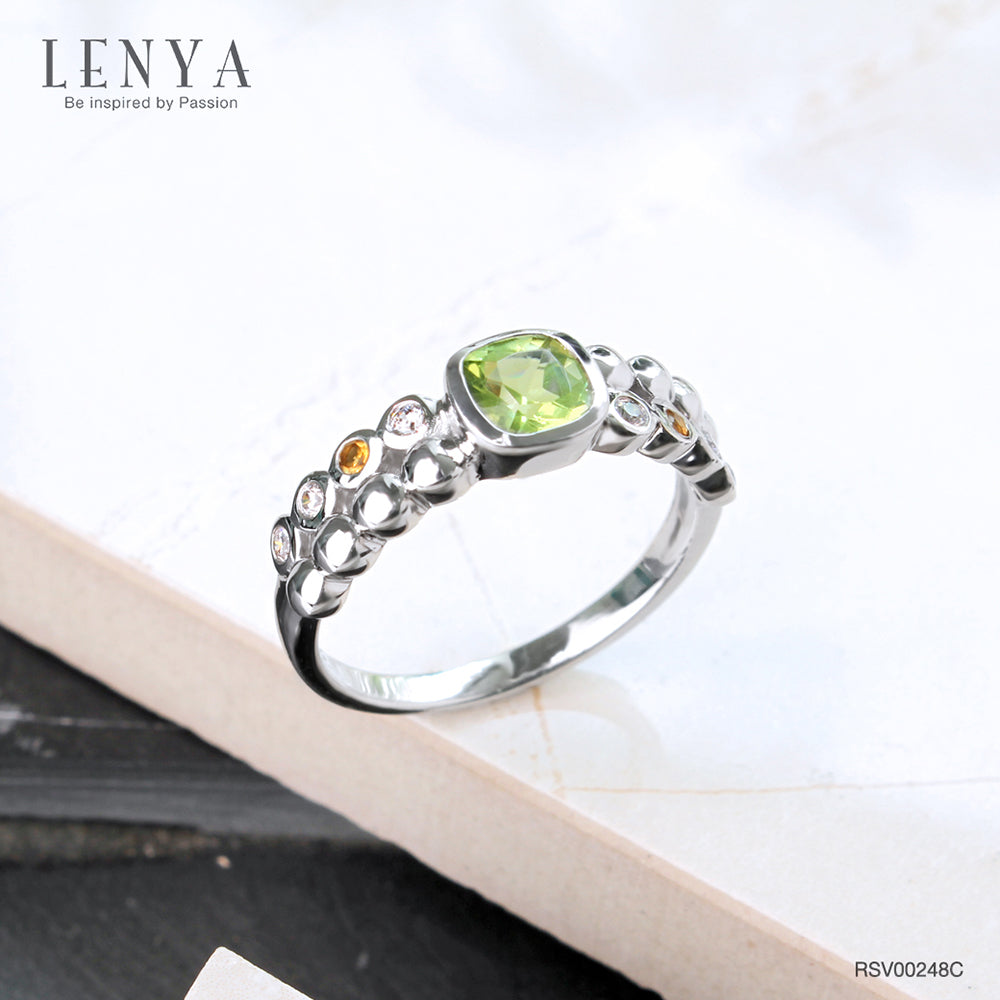 LENYA แหวนเงินแท้ ชุบทองขาว ประดับพลอยสีเขียวเพอริดอท(Peridot) ทรงสี่เหลี่ยม เม็ดกลมเล็กสีเหลือง ซิทริน ( Citrine) และ คิวบิกเซอร์โคเนีย (Cubic Zirconia) ดีไซน์สุดเก๋ เท่ห์แบบไม่ซ้ำใคร