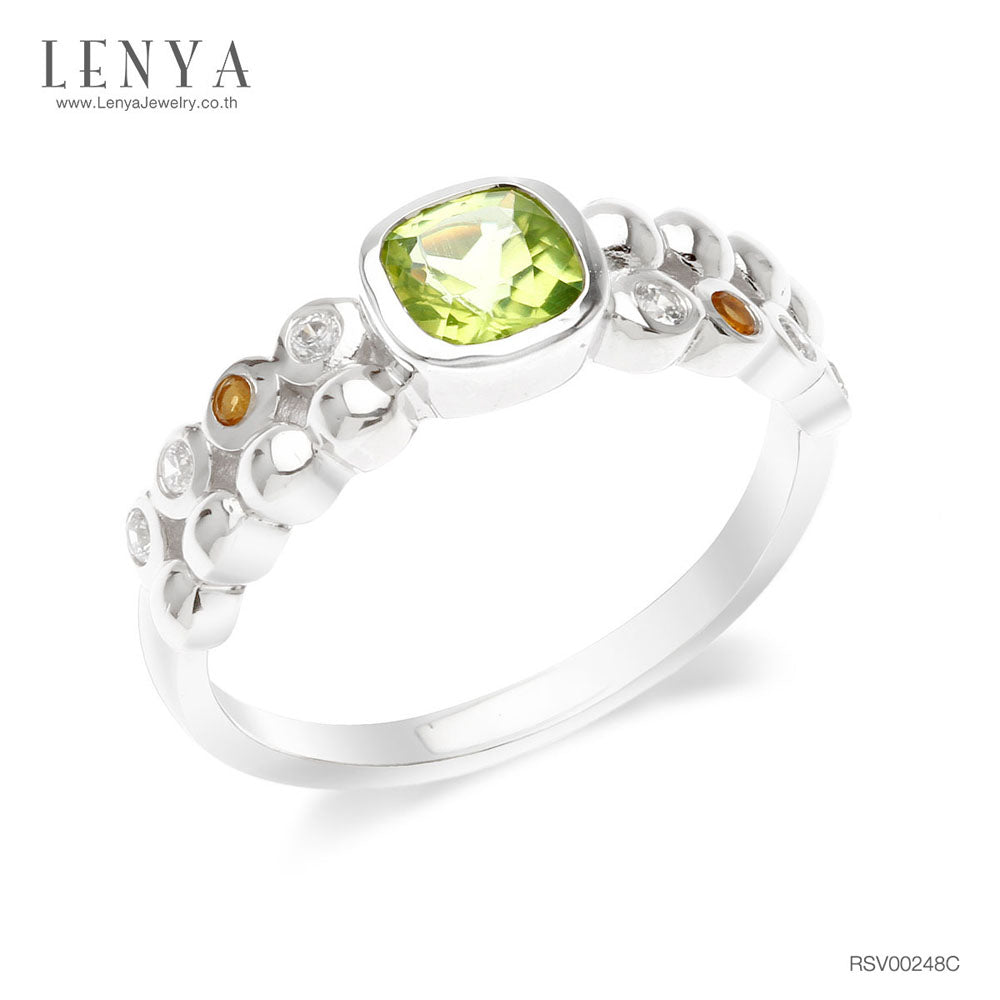 LENYA แหวนเงินแท้ ชุบทองขาว ประดับพลอยสีเขียวเพอริดอท(Peridot) ทรงสี่เหลี่ยม เม็ดกลมเล็กสีเหลือง ซิทริน ( Citrine) และ คิวบิกเซอร์โคเนีย (Cubic Zirconia) ดีไซน์สุดเก๋ เท่ห์แบบไม่ซ้ำใคร