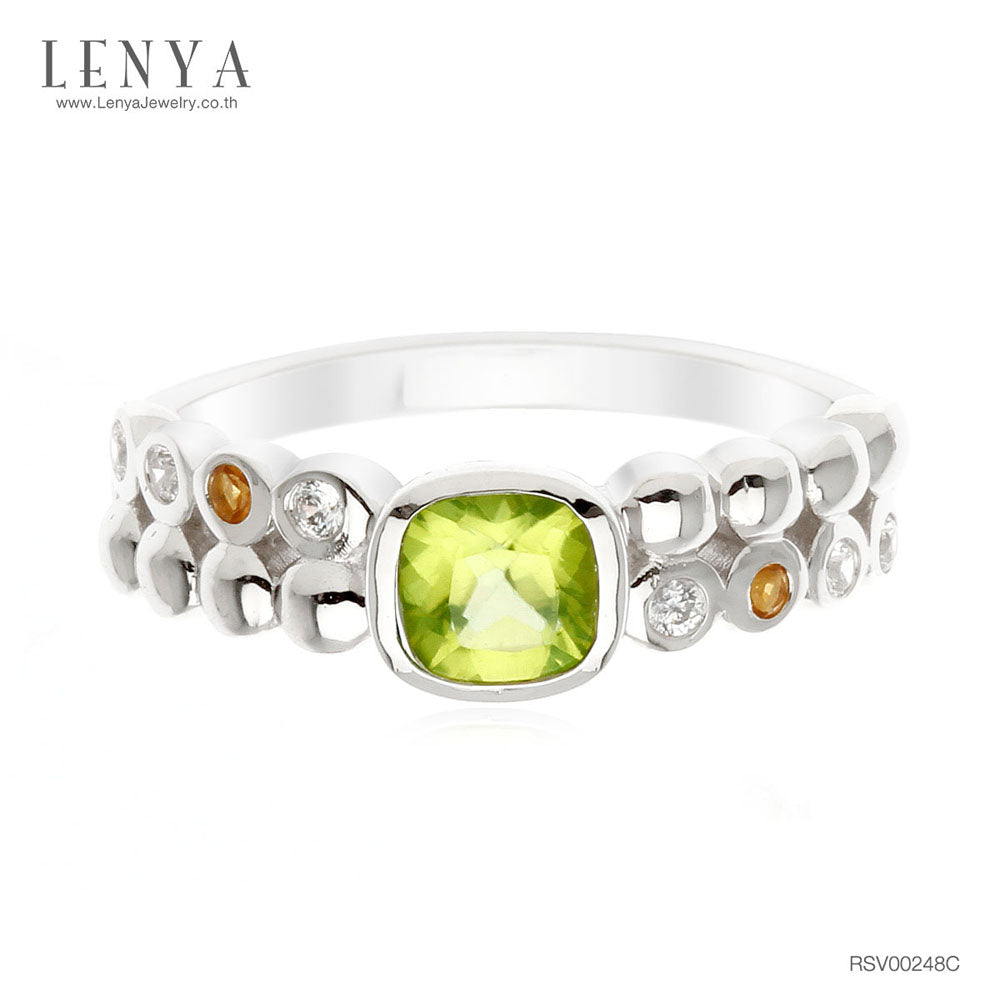 LENYA แหวนเงินแท้ ชุบทองขาว ประดับพลอยสีเขียวเพอริดอท(Peridot) ทรงสี่เหลี่ยม เม็ดกลมเล็กสีเหลือง ซิทริน ( Citrine) และ คิวบิกเซอร์โคเนีย (Cubic Zirconia) ดีไซน์สุดเก๋ เท่ห์แบบไม่ซ้ำใคร