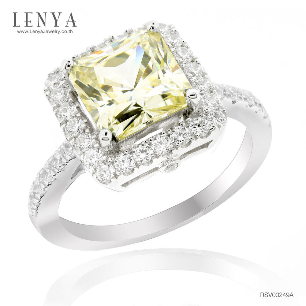 LENYA แหวน CZ สีเหลือง Diamondlike เสริมบุคลิกและความมั่นใจ ขนาด9มิล ตัวเรือนเงินแท้925 ชุบทองคำขาว