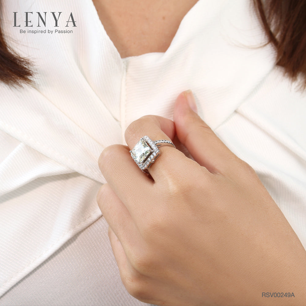LENYA แหวน CZ สีเหลือง Diamondlike เสริมบุคลิกและความมั่นใจ ขนาด9มิล ตัวเรือนเงินแท้925 ชุบทองคำขาว