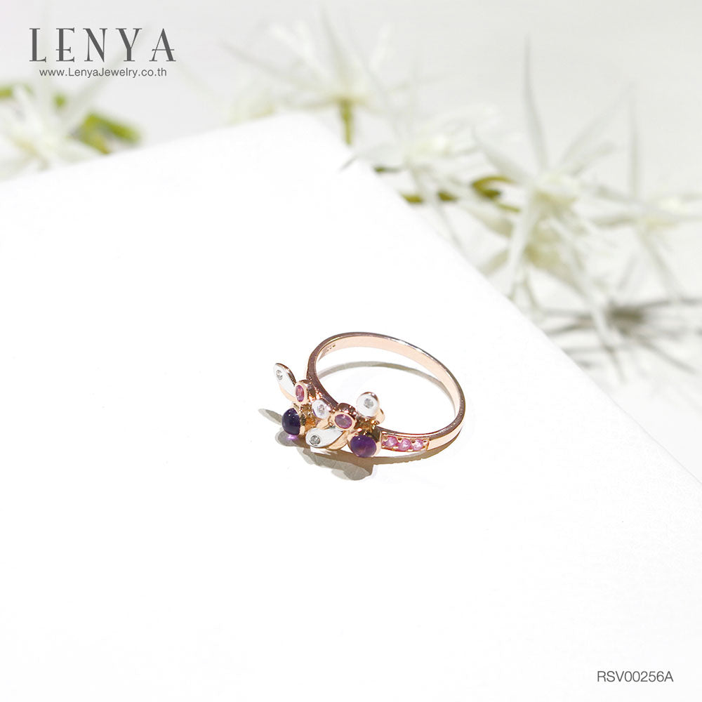 LENYA แหวนพลอยอเมทิสต์ เสริมความสงบใจ มีสติ มั่งคั่ง ขนาด 3 มิล ตัวเรือนเงินแท้925 ชุบพิงค์โกลด์