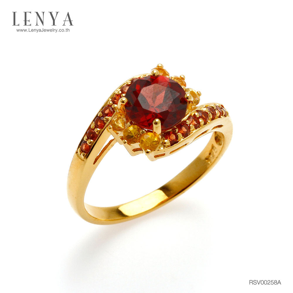 LENYA แหวน โกเมน(Garnet) ประดับด้วยพลอยเม็ดเล็กๆ แซฟไฟร์สีเหลือง(Yellow Sapphire) และ โกเมน(Garnet)  ตัวเรือนเงินแท้ 925 ชุบทองคำ