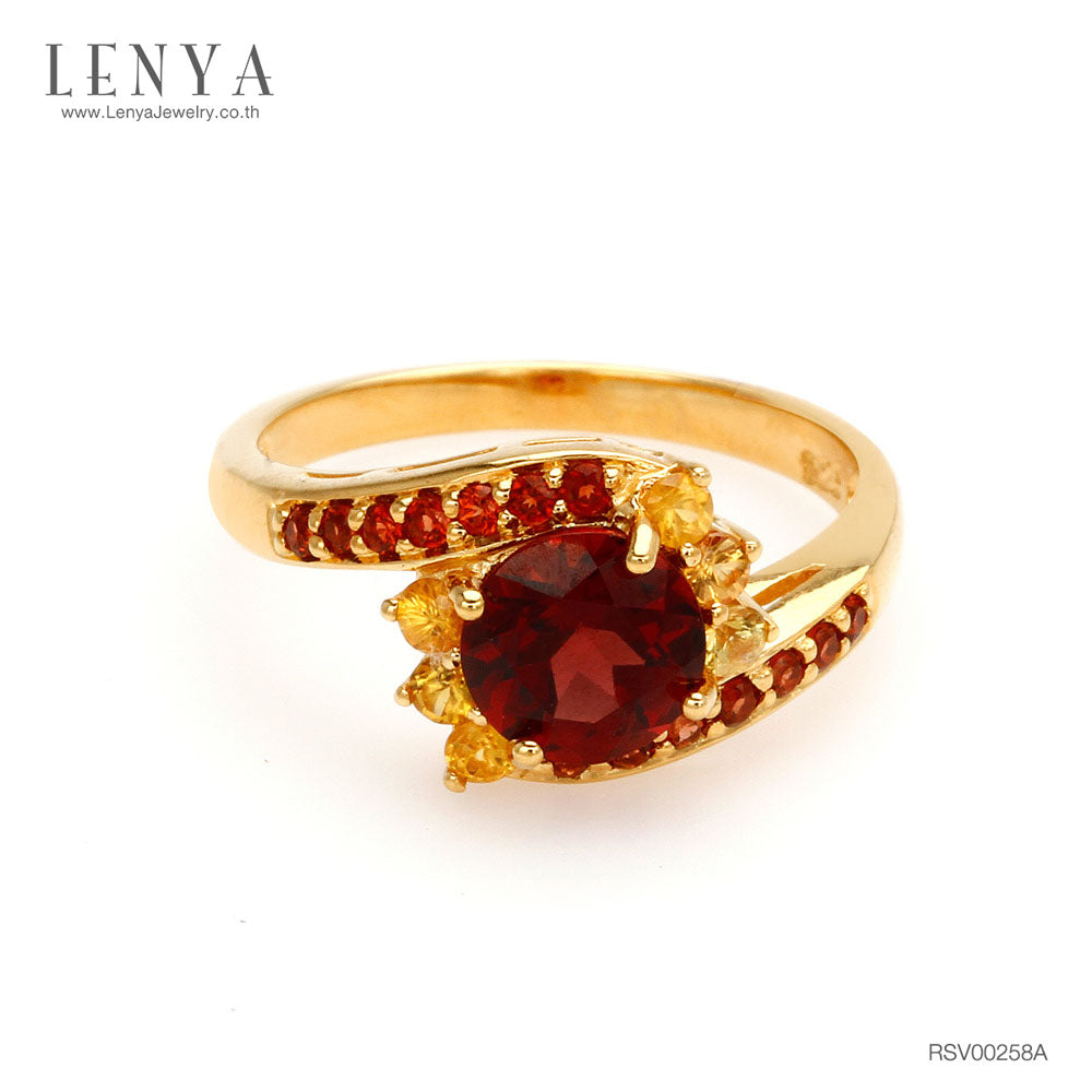 LENYA แหวน โกเมน(Garnet) ประดับด้วยพลอยเม็ดเล็กๆ แซฟไฟร์สีเหลือง(Yellow Sapphire) และ โกเมน(Garnet)  ตัวเรือนเงินแท้ 925 ชุบทองคำ