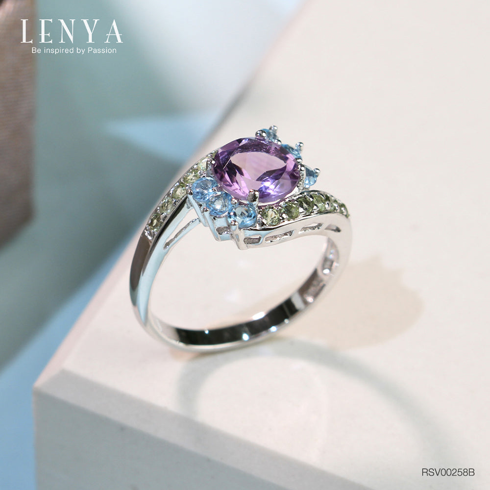 LENYA แหวนเงินแท้ ประดับพลอยอเมทิสต์ บลูโทแพซ และ เพอริดอท