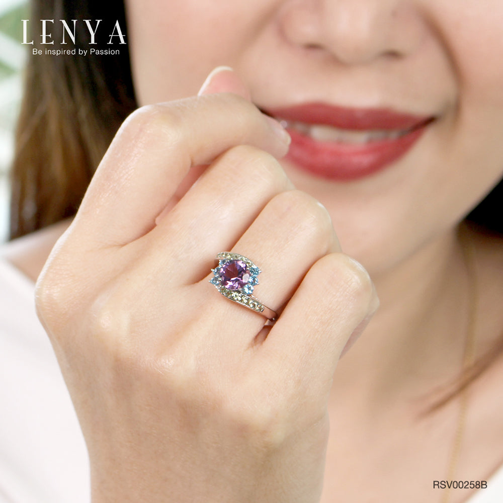 LENYA แหวนเงินแท้ ประดับพลอยอเมทิสต์ บลูโทแพซ และ เพอริดอท