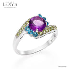 LENYA แหวนเงินแท้ ประดับพลอยอเมทิสต์ บลูโทแพซ และ เพอริดอท