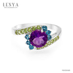 LENYA แหวนเงินแท้ ประดับพลอยอเมทิสต์ บลูโทแพซ และ เพอริดอท