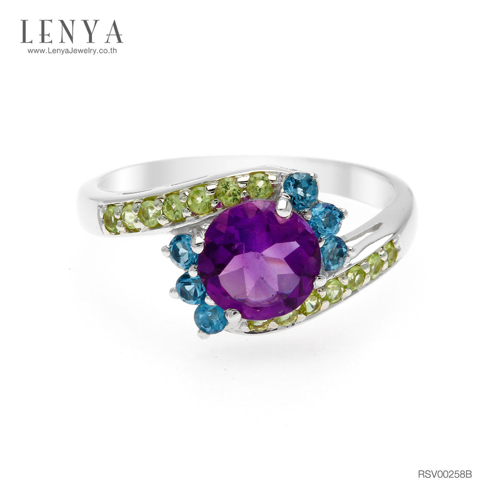LENYA แหวนเงินแท้ ประดับพลอยอเมทิสต์ บลูโทแพซ และ เพอริดอท