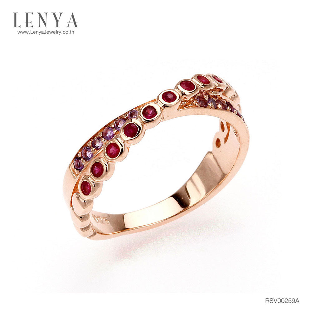 LENYA แหวนทับทิม อเมทิสต์ ดีไซน์ไขว้ สำหรับสาวที่เน้นลุคปราดเปรียว ตัวเรือนเงินแท้ชุบสีพิ้งค์โกลด์ (Pink Gold)