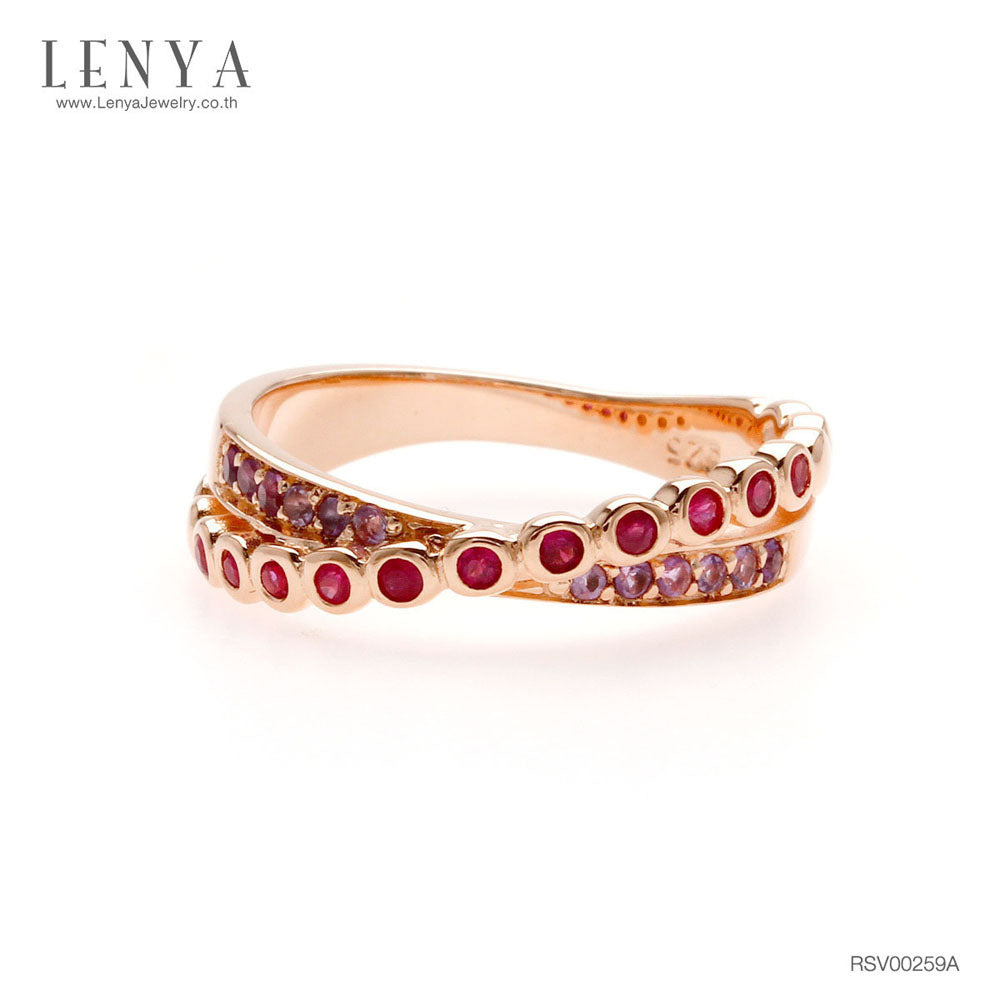 LENYA แหวนทับทิม อเมทิสต์ ดีไซน์ไขว้ สำหรับสาวที่เน้นลุคปราดเปรียว ตัวเรือนเงินแท้ชุบสีพิ้งค์โกลด์ (Pink Gold)
