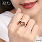 LENYA แหวนเลมอนควอตซ์ เจียระไนหลังเบี้ย ประดับสโมคกี้ควอตซ์และทับทิม ตัวเรือนเงินแท้ ชุบทอง 18k