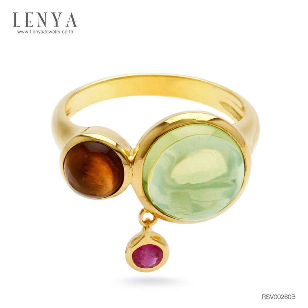 LENYA แหวนเลมอนควอตซ์ เจียระไนหลังเบี้ย ประดับสโมคกี้ควอตซ์และทับทิม ตัวเรือนเงินแท้ ชุบทอง 18k