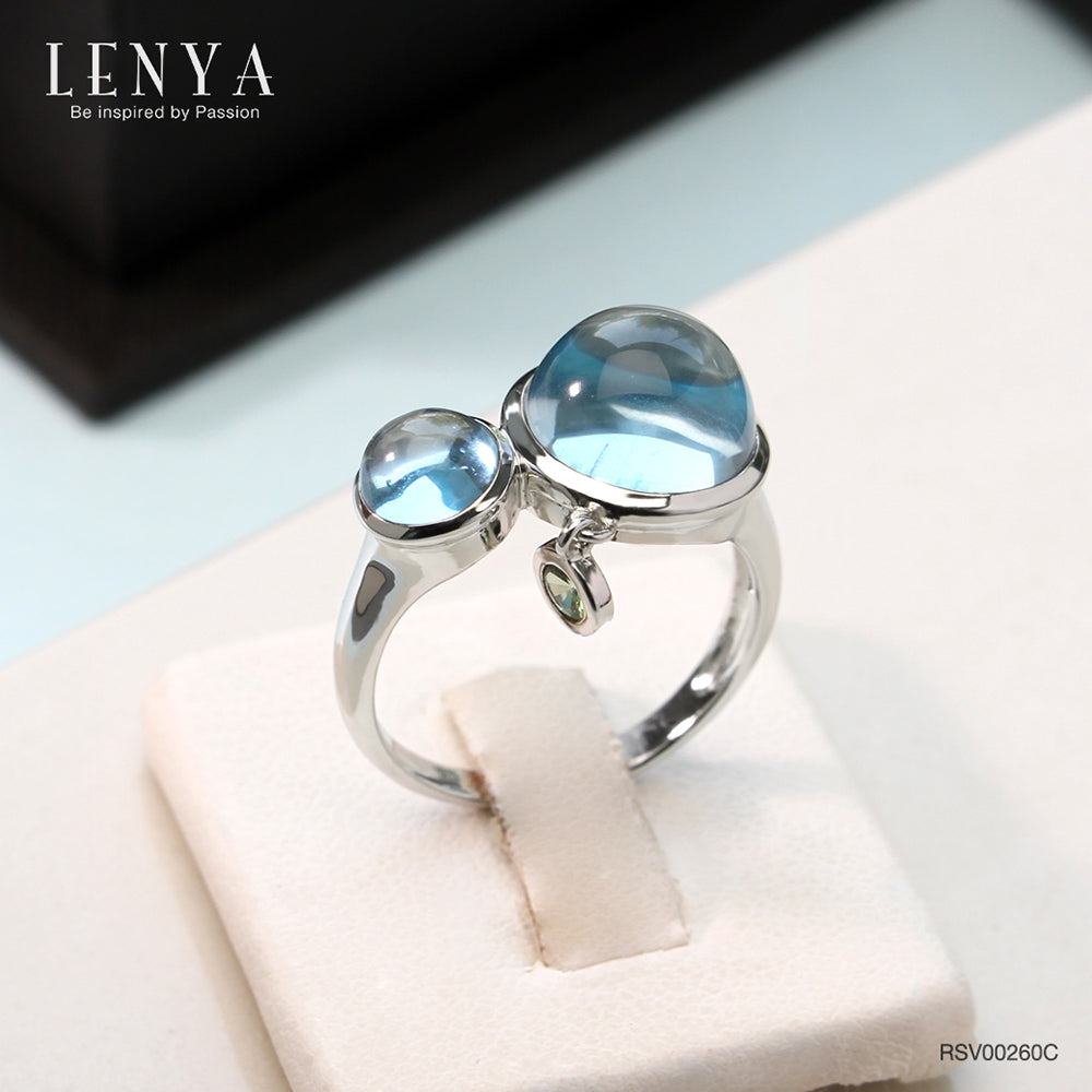 LENYA แหวนบลูโทแพซ (Sky Blue Topaz) เจียระไนหลังเบี้ย ประดับซาโวไรท์ ตัวเรือนเงินแท้ 925 ชุบโรเดียม
