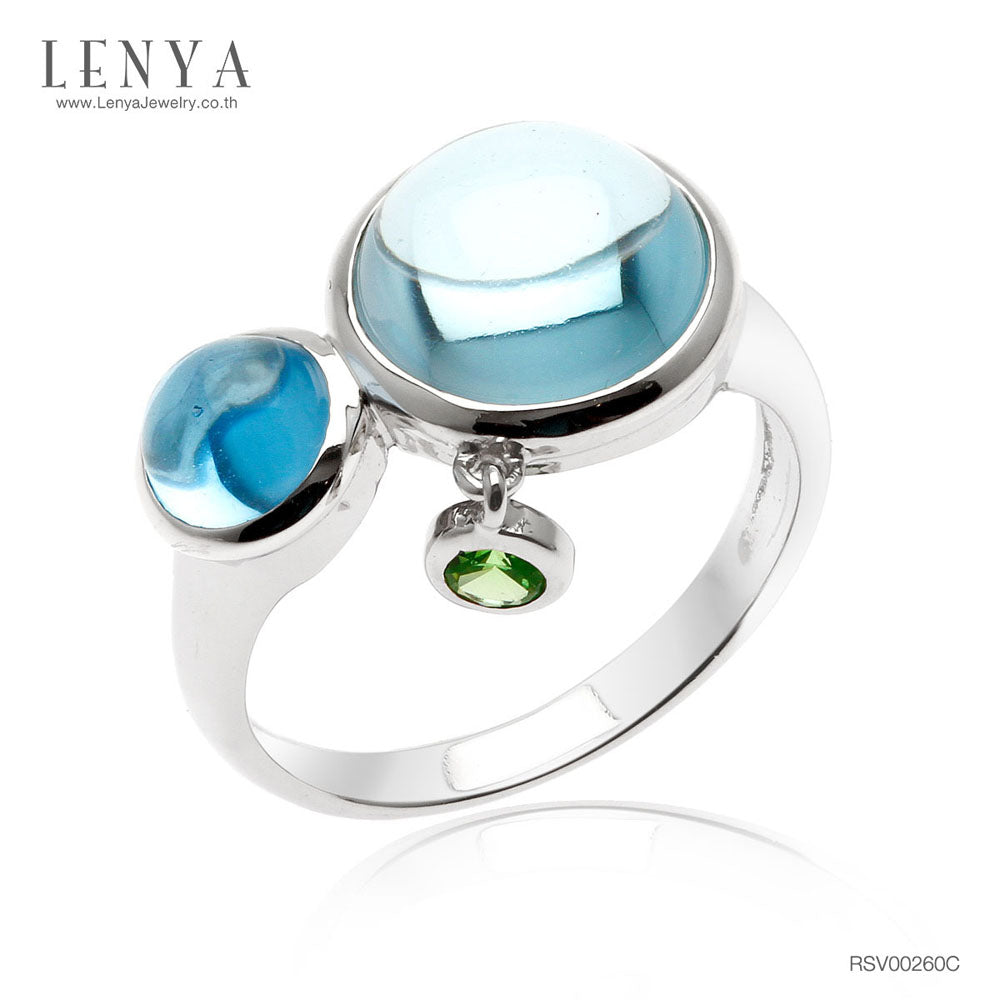 LENYA แหวนบลูโทแพซ (Sky Blue Topaz) เจียระไนหลังเบี้ย ประดับซาโวไรท์ ตัวเรือนเงินแท้ 925 ชุบโรเดียม