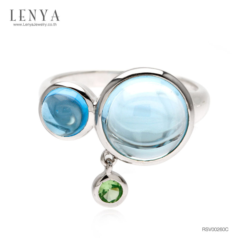 LENYA แหวนบลูโทแพซ (Sky Blue Topaz) เจียระไนหลังเบี้ย ประดับซาโวไรท์ ตัวเรือนเงินแท้ 925 ชุบโรเดียม