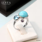 LENYA แหวนเทอร์ควอยซ์(Turquoise) บลูโทแพซ(Blue Topaz) เจียระไนหลังเบี้ย และ อเมทีสต์ (Amethyst) ตัวเรือนเงินแท้ 925 ชุบทองขาว