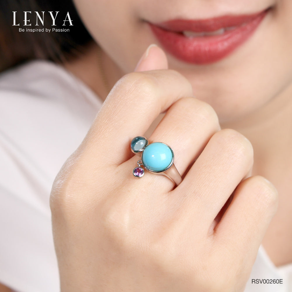 LENYA แหวนเทอร์ควอยซ์(Turquoise) บลูโทแพซ(Blue Topaz) เจียระไนหลังเบี้ย และ อเมทีสต์ (Amethyst) ตัวเรือนเงินแท้ 925 ชุบทองขาว