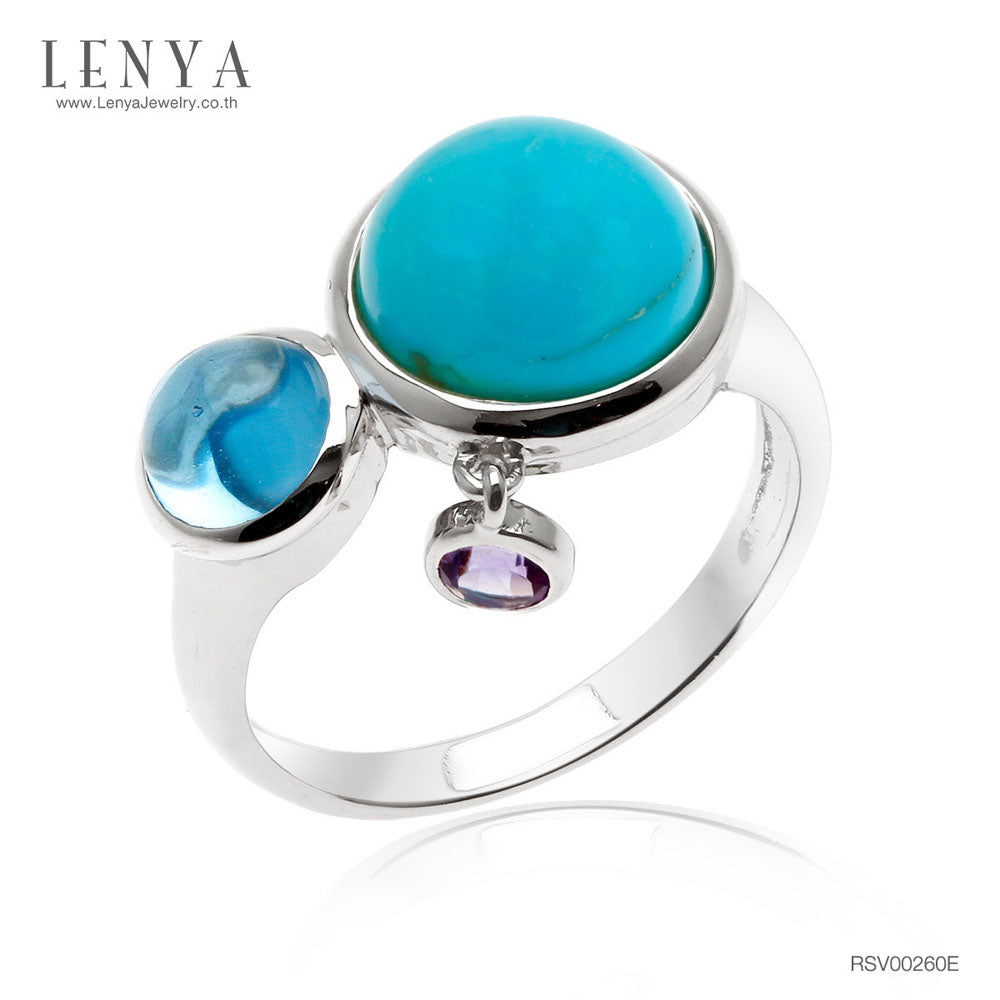 LENYA แหวนเทอร์ควอยซ์(Turquoise) บลูโทแพซ(Blue Topaz) เจียระไนหลังเบี้ย และ อเมทีสต์ (Amethyst) ตัวเรือนเงินแท้ 925 ชุบทองขาว