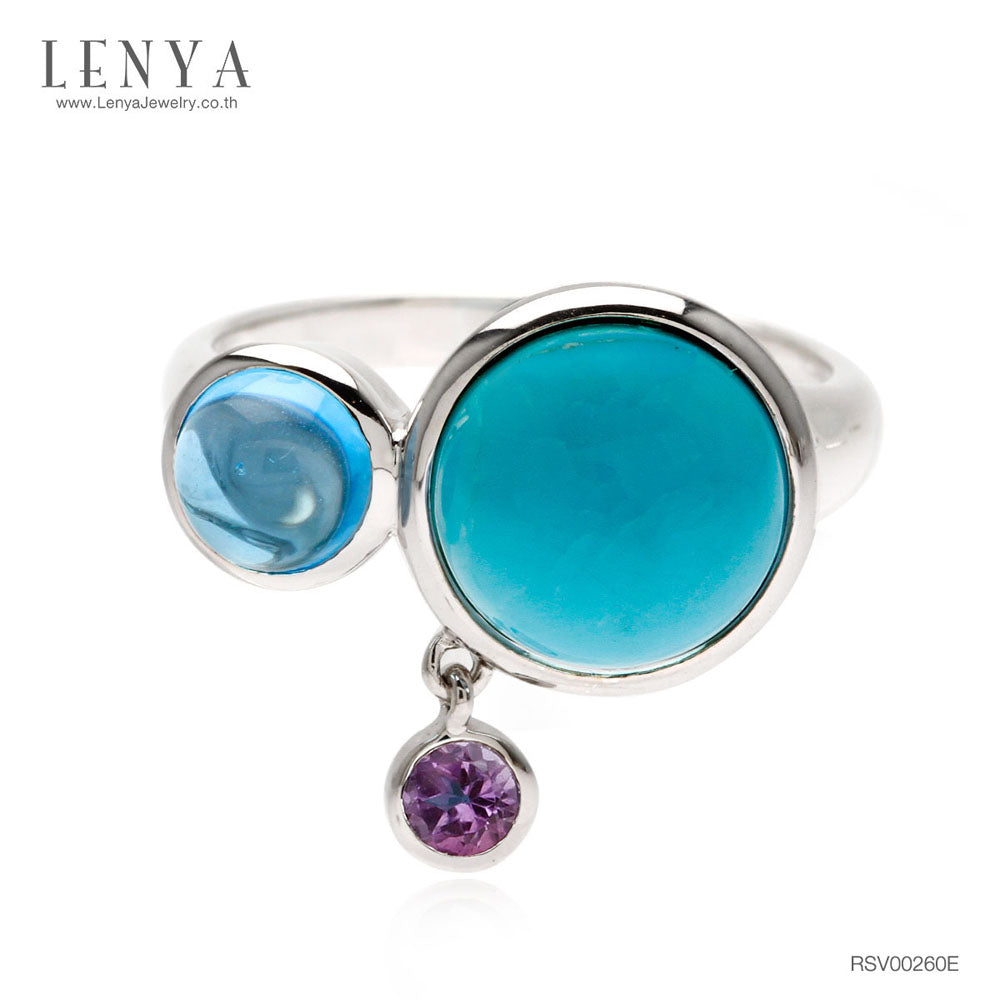 LENYA แหวนเทอร์ควอยซ์(Turquoise) บลูโทแพซ(Blue Topaz) เจียระไนหลังเบี้ย และ อเมทีสต์ (Amethyst) ตัวเรือนเงินแท้ 925 ชุบทองขาว