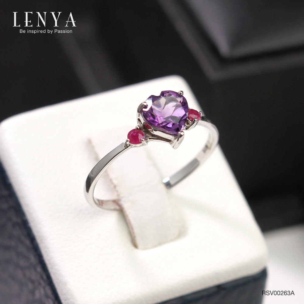 LENYA แหวนเงินแท้ ประดับพลอยอเมทิสต์ (Amethyst) รูปหัวใจ และ ทับทิม (Ruby) เสริมบุคลิกความมั่นใจ เสริมความรัก เสริมให้มีสติ